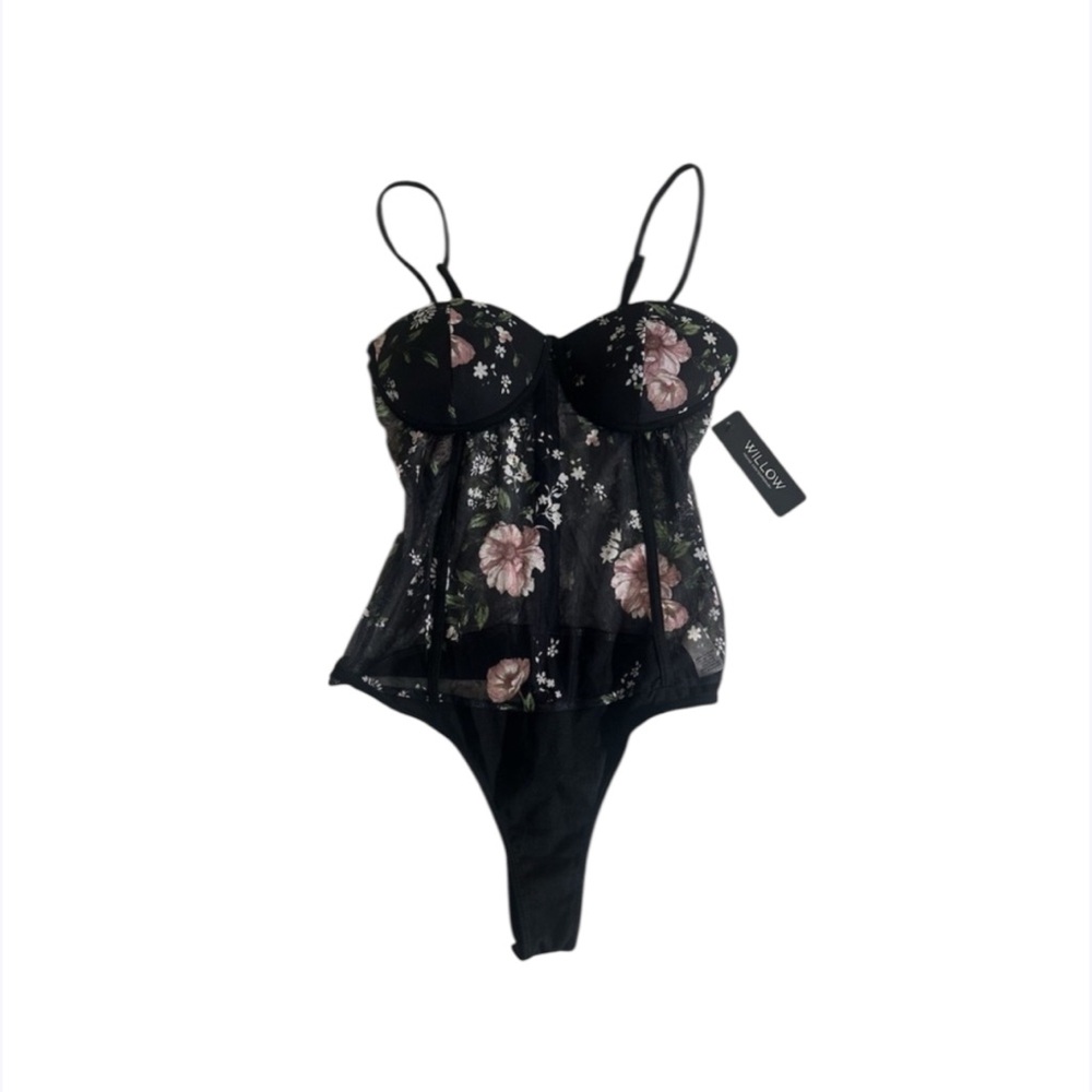 NWOT Willow Sheer‎ Black Floral Mesh Teddy Cheeky